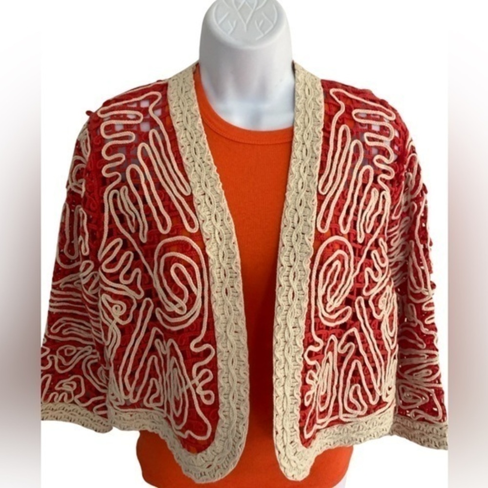 Chicos Cotton Crochet Jacket - M(1) red  tan cotton ,